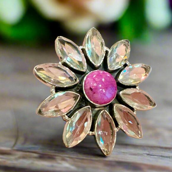 Pink Quartz Cabochon Ring - Aura – Moon Magic Pink Moonstone Aurora Quartz Oval Round Statement Ring Adjustable